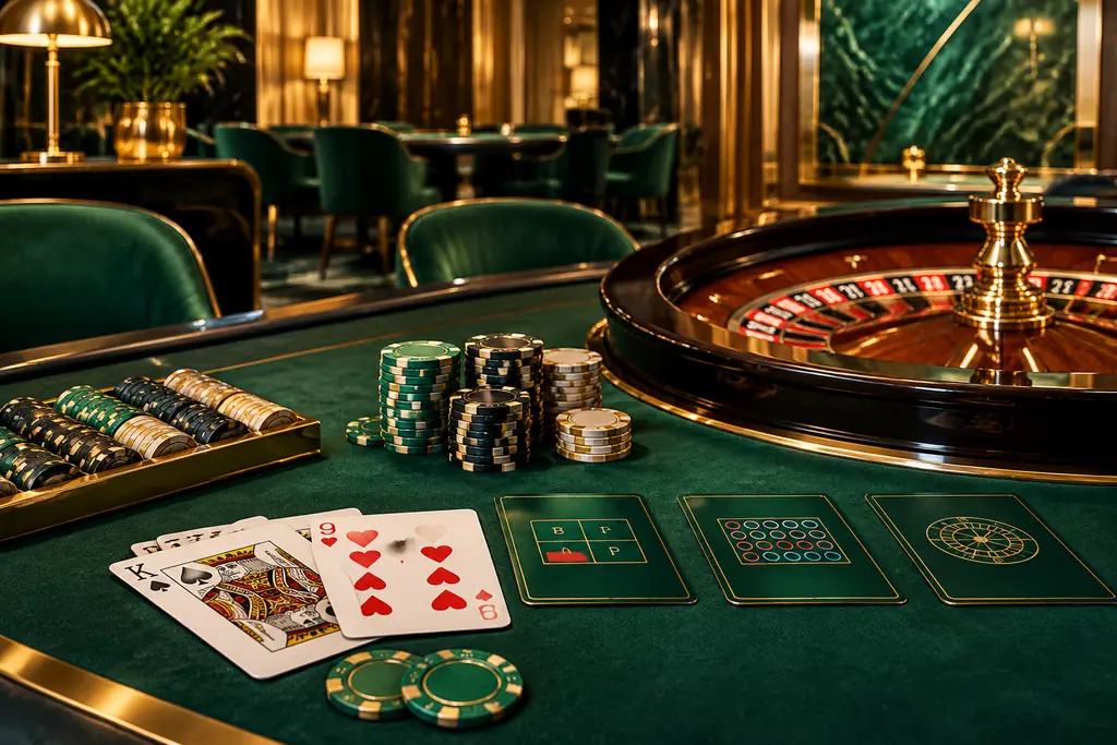 Ruang casino Colatogel dengan meja baccarat dan roulette