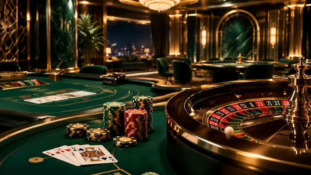 Ruang casino Colatogel dengan meja baccarat dan roulette